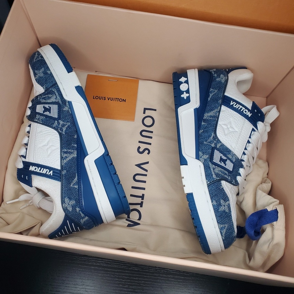 Louis Vuitton Trainer Sneaker Monogram Denim Blue White LD 0264 Size 36.5 - Picture 2 of 9